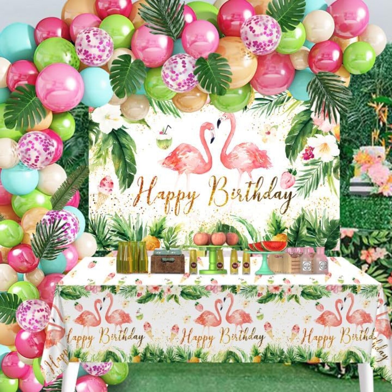 Hawaiian Luna Birthday Party Decorations-Hawaiian Tropical Balloon Arch Kit, Tropical Birthday Banner, Flamingo Tablecloth for Hawaiian Theme Aloha Luau Party, Summer Beach Pool Party Decorations